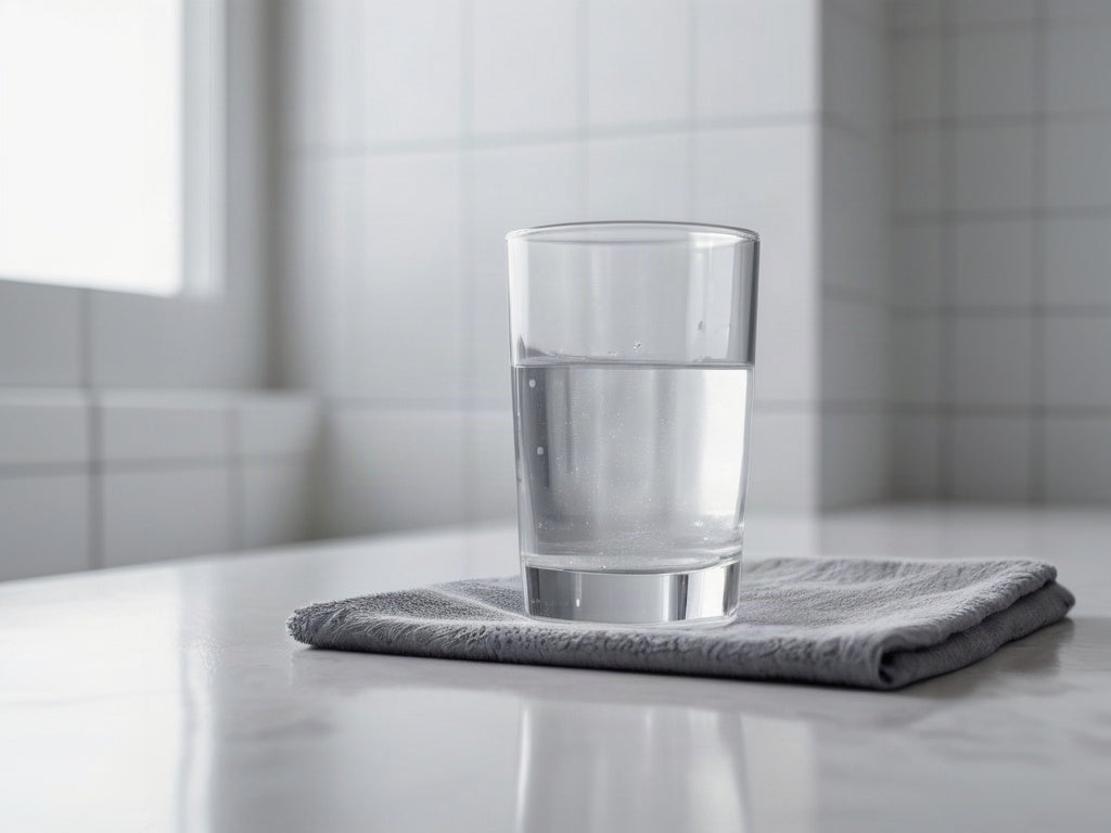 A clear glass of water on the corner of a white bathroom counter next to a folded gray towel in soft morning light