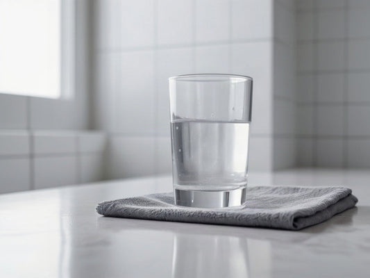 A clear glass of water on the corner of a white bathroom counter next to a folded gray towel in soft morning light