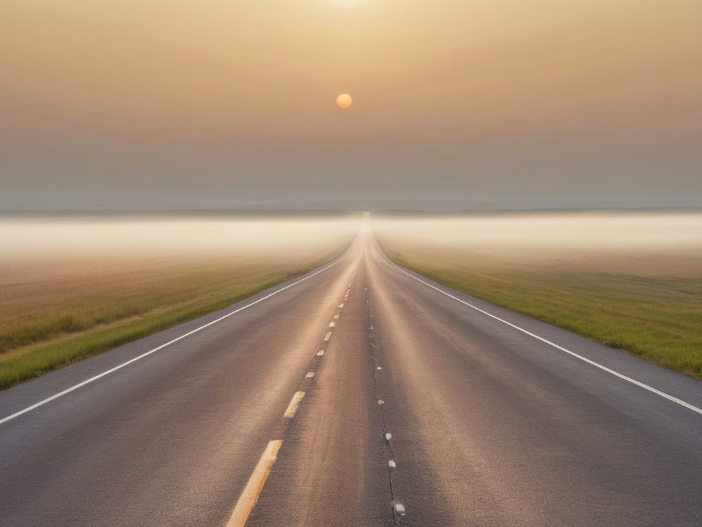 Empty open interstate highway stretching to the horizon at sunrise through flat farmland