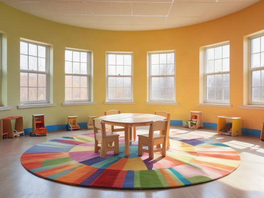 Empty preschool classroom with small chairs around a round table
