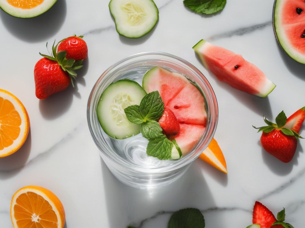 An overhead flat lay of a glass of water with cucumber, watermelon and mint surrounded by fresh fruit on a marble surface
