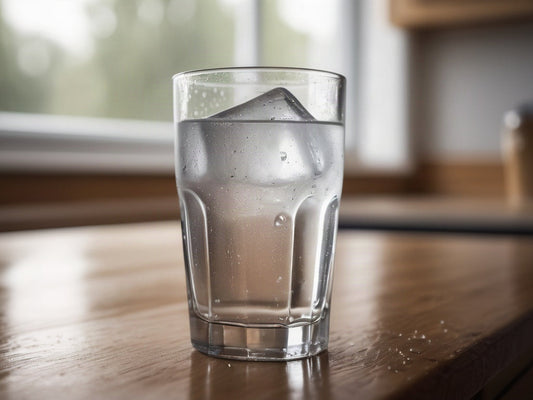A tall glass of ice water with condensation on a wooden kitchen counter in soft daylight
