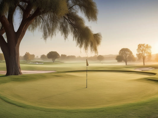 Golf course fairway and green at sunrise with morning mist