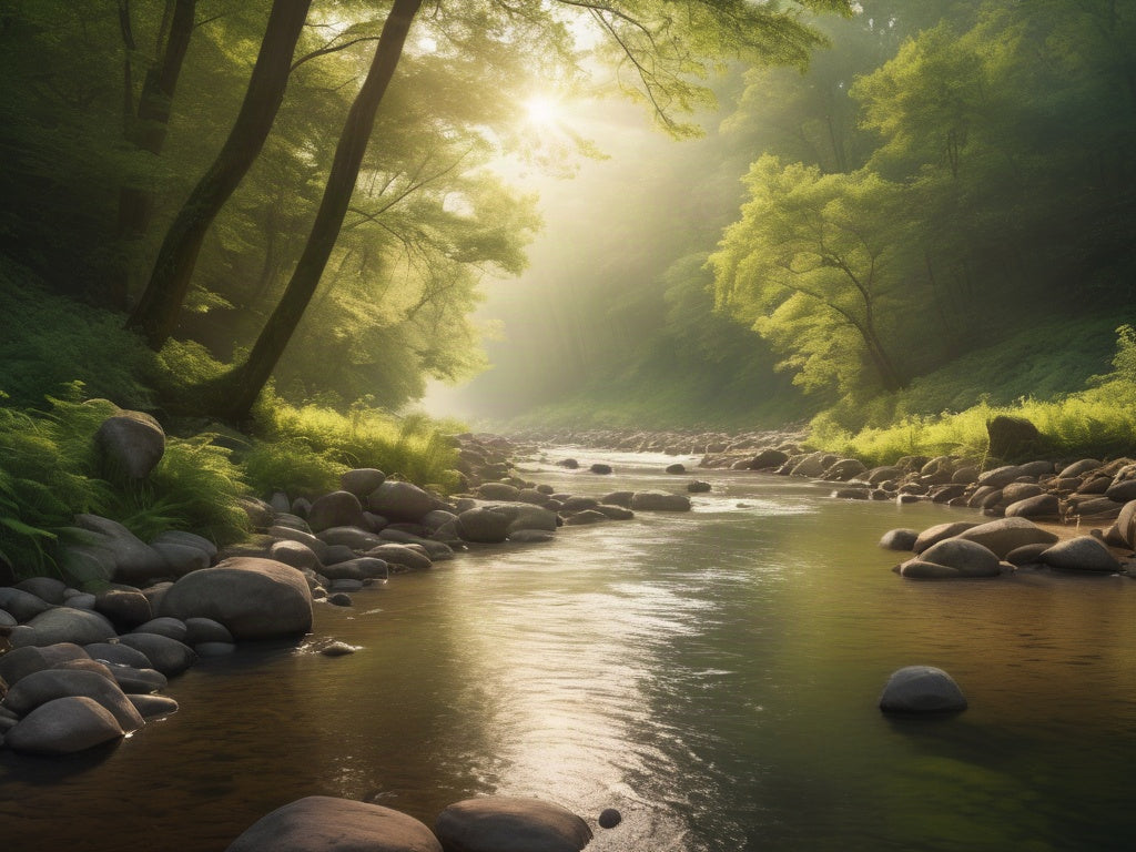 A clear river winding through a lush green forest with golden morning light