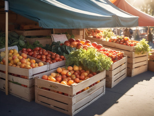 Sunlit farmers market stall with crates of fresh produce