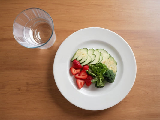 A clear glass of water beside a plate of food on a wooden table in daylight