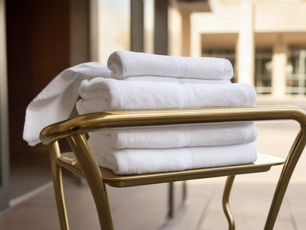 Polished brass luggage cart with folded white towels under a hotel entrance awning