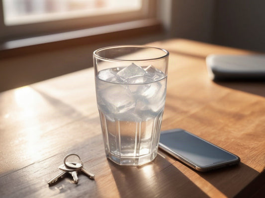 A tall glass of ice water on a wooden desk beside a phone and keys in warm daylight