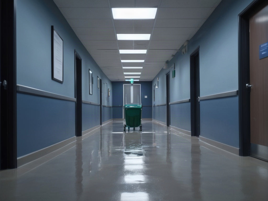 Empty office hallway at night with a janitorial cleaning cart