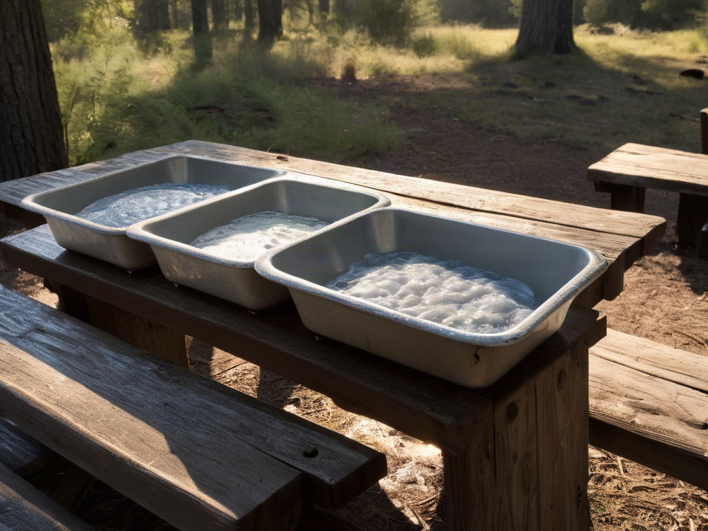 Three basins of soapy water on a wooden picnic table at a campsite