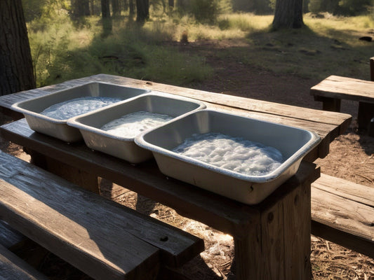 Three basins of soapy water on a wooden picnic table at a campsite