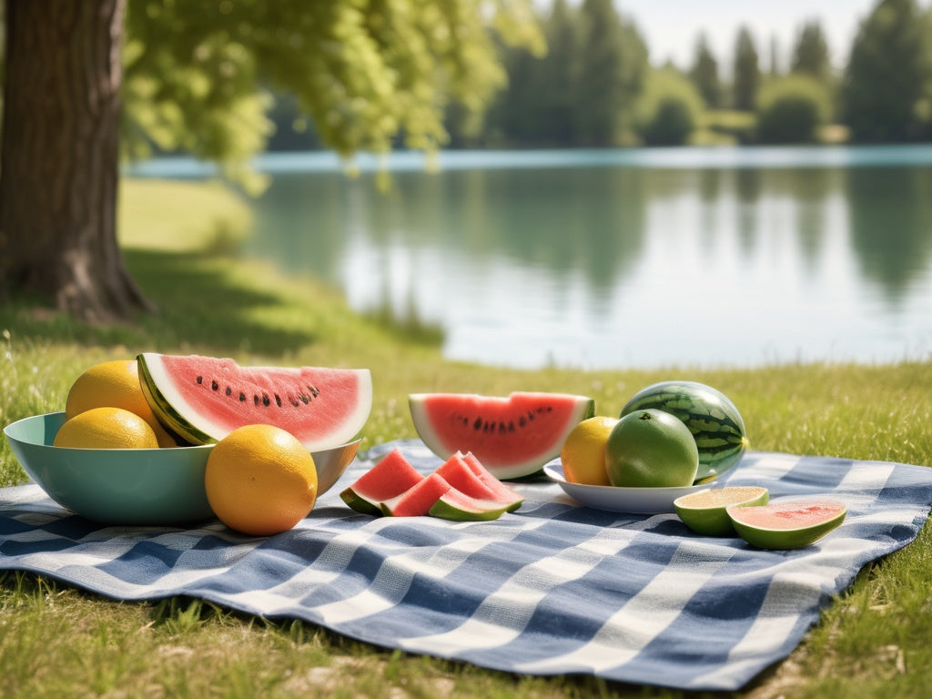 Summer lakeside picnic blanket with watermelon and citrus fruit