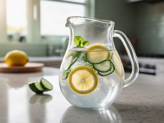 Glass pitcher of water infused with lemon cucumber and mint