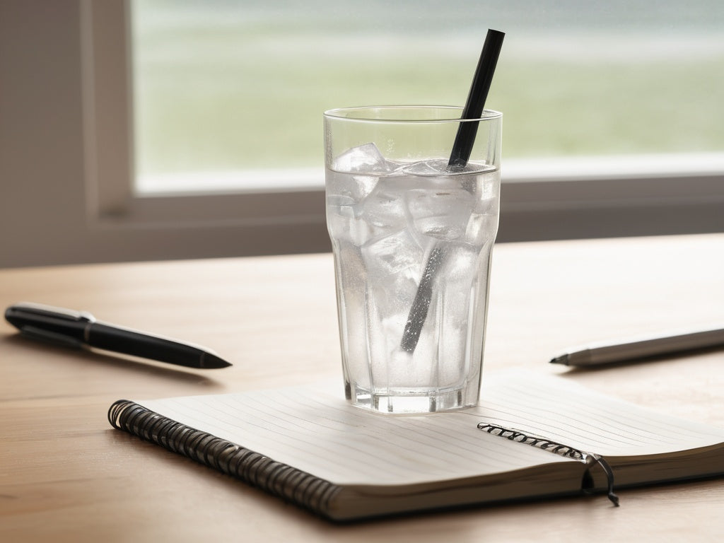 A tall glass of ice water with a straw on a notebook on a wooden desk in bright daylight