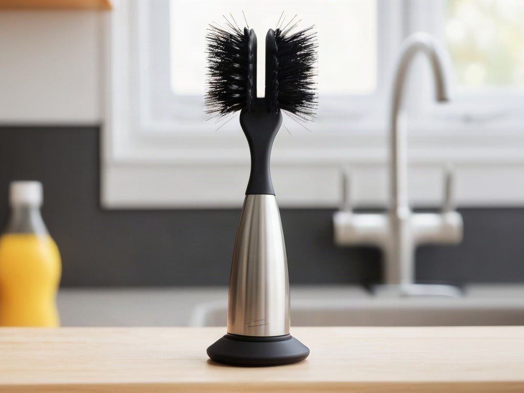 A long-handled stainless steel bottle cleaning brush resting on a wooden counter beside a dish rack in daylight