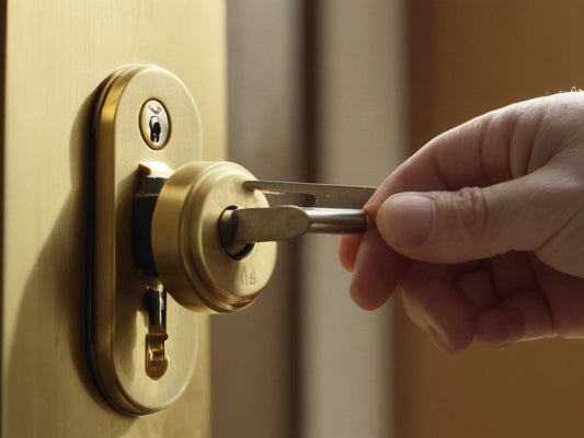 Close-up of a hand working a lock pick tool into a brass door lock cylinder