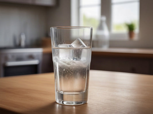 A tall clear glass of water with ice and condensation on a wooden kitchen counter in soft daylight
