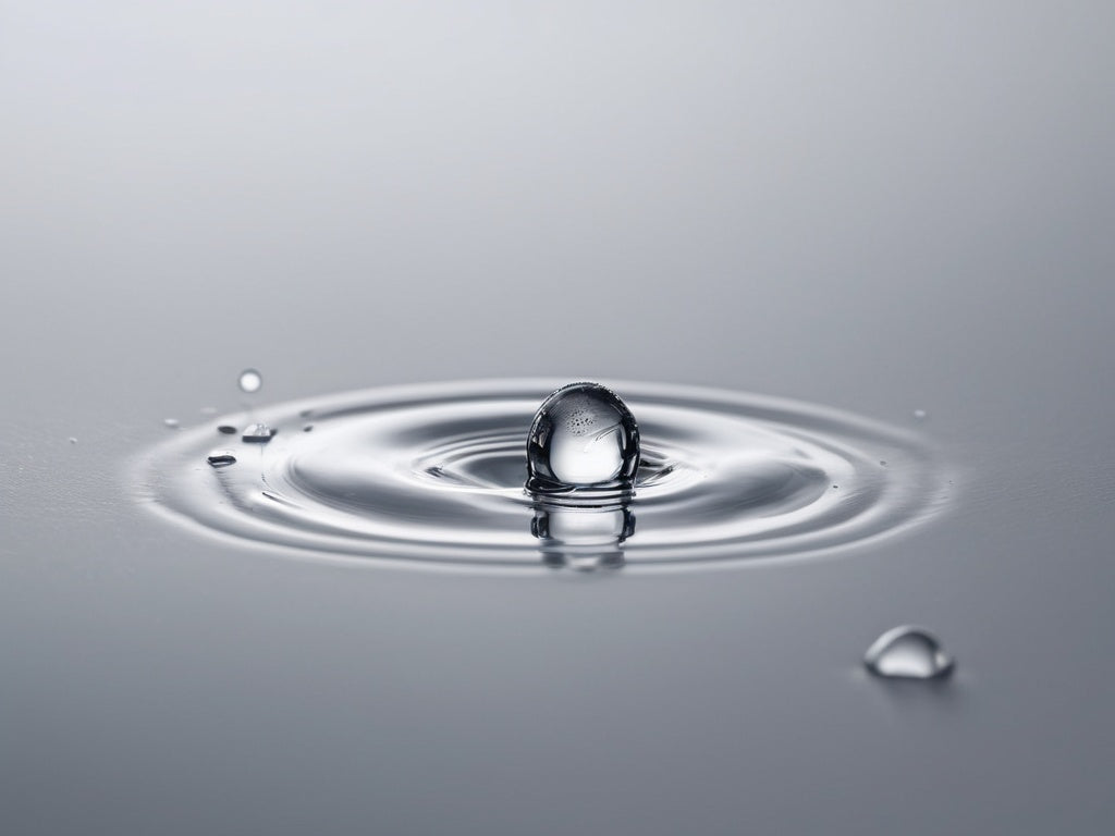 Close-up of a clean water droplet creating ripples on a smooth surface