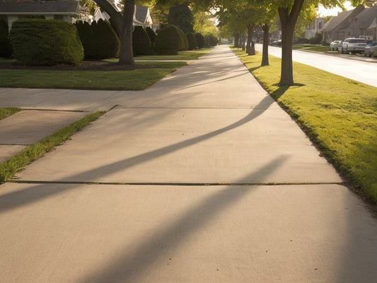 An empty tree-lined suburban sidewalk with long afternoon shadows
