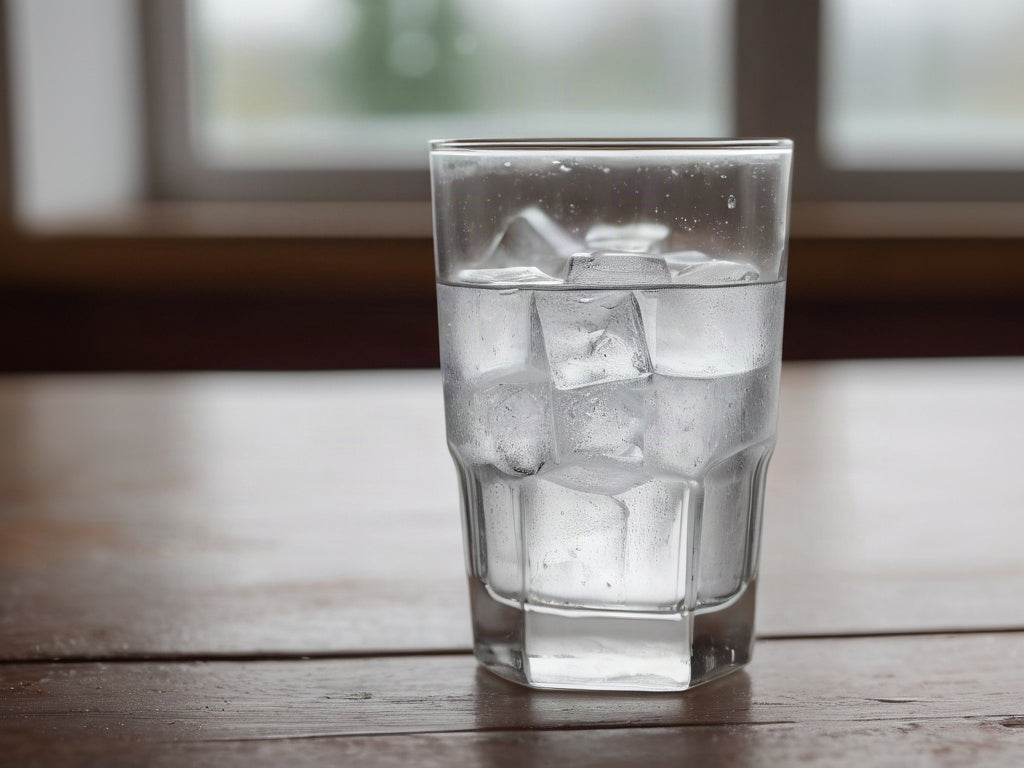 A clear glass of ice water on a wooden table with soft window light behind it
