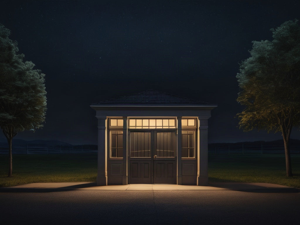 Empty lit guardhouse booth at a gated entrance at night