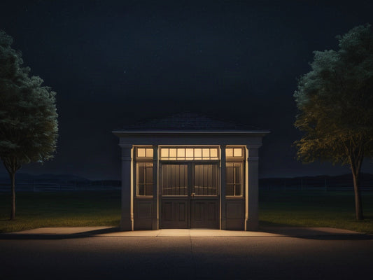 Empty lit guardhouse booth at a gated entrance at night