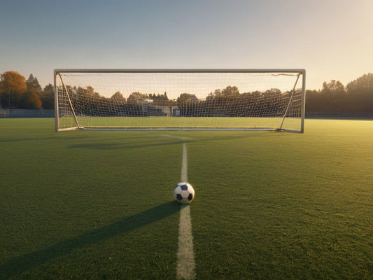 An empty soccer field goal with a ball at golden hour