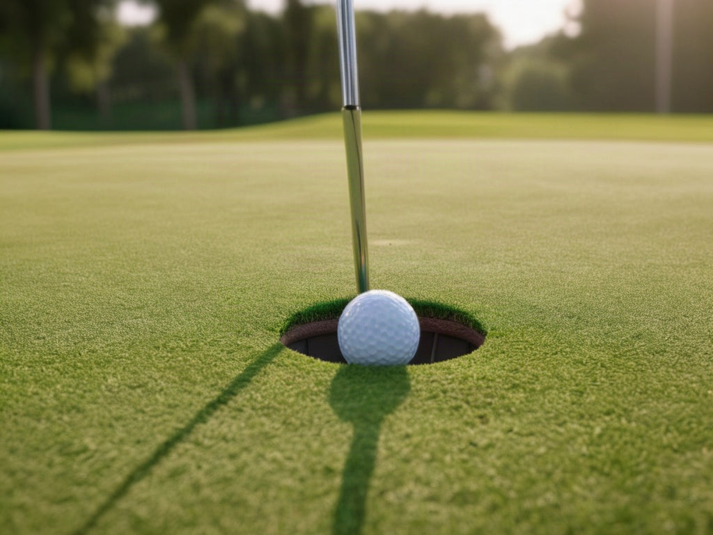 A golf ball resting at the edge of the hole on a sunlit putting green with the flagstick
