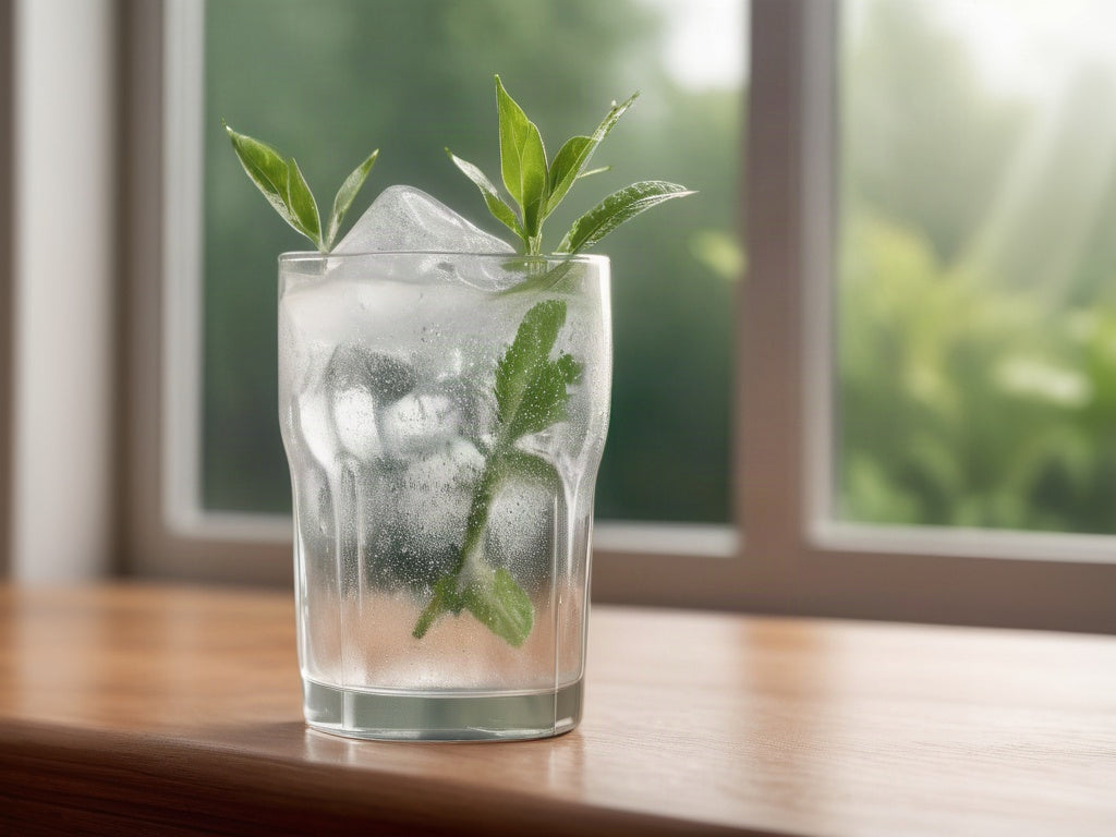 A tall glass of ice water with fresh mint sprigs beside a bright window on a wooden surface in soft daylight
