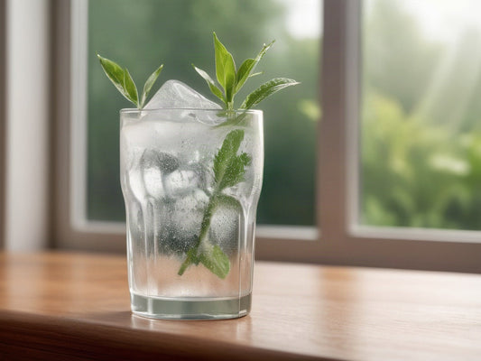 A tall glass of ice water with fresh mint sprigs beside a bright window on a wooden surface in soft daylight