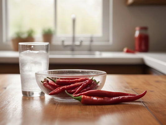 A rustic wooden table with a bowl of fresh red chili peppers beside a tall clear glass of ice water in warm kitchen light