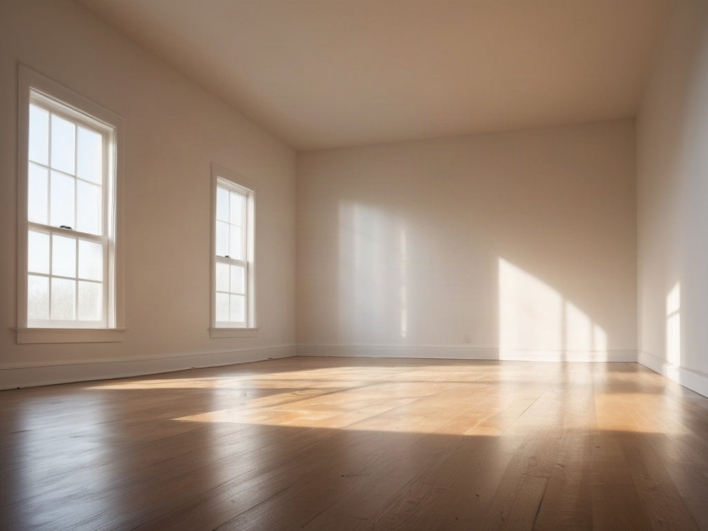 Low autumn sunlight streaming through a window onto a bare hardwood floor in an empty room