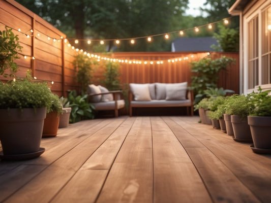A cozy backyard patio at golden hour with string lights