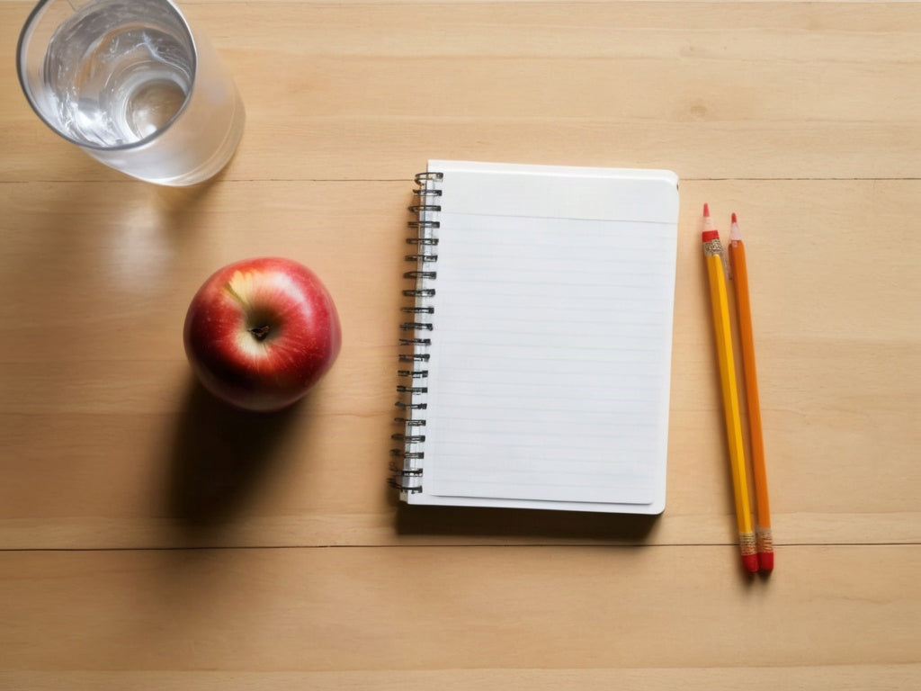 Overhead top-down of an open school notebook, a sharpened pencil, a red apple, and a glass of ice water on a wooden table