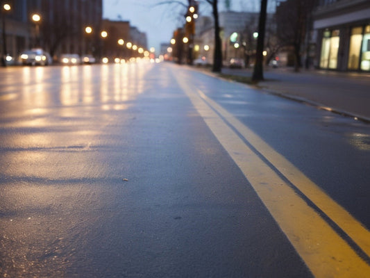 Empty painted bike lane on a city street at dusk