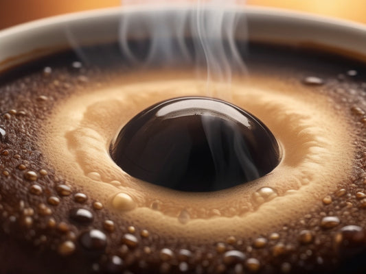 Close-up of steaming hot black coffee with golden crema