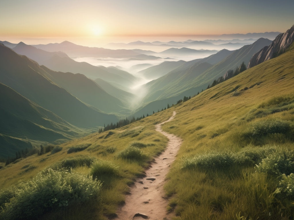 A scenic mountain hiking trail winding through green wilderness at golden sunrise