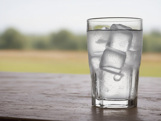 A tall clear glass of ice water with condensation on a wooden table in daylight