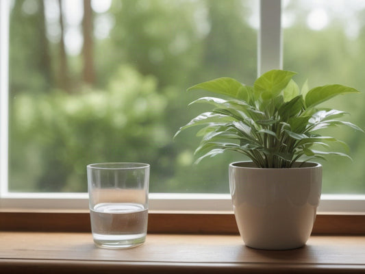 A glass of water beside a small potted plant on a wooden windowsill with soft green light behind