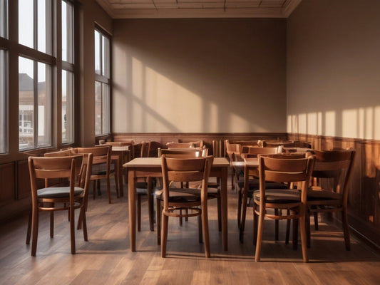 An empty restaurant dining room after closing with wooden chairs around bare tables in warm evening light