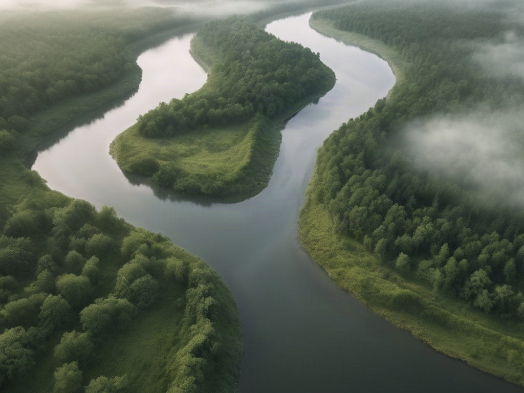 Wide river bend through green forest, aerial view with morning mist