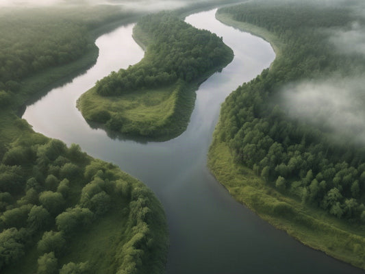 Wide river bend through green forest, aerial view with morning mist