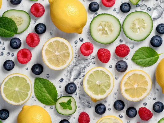 Flat lay of sliced lemon, lime, cucumber, mint and berries with water droplets