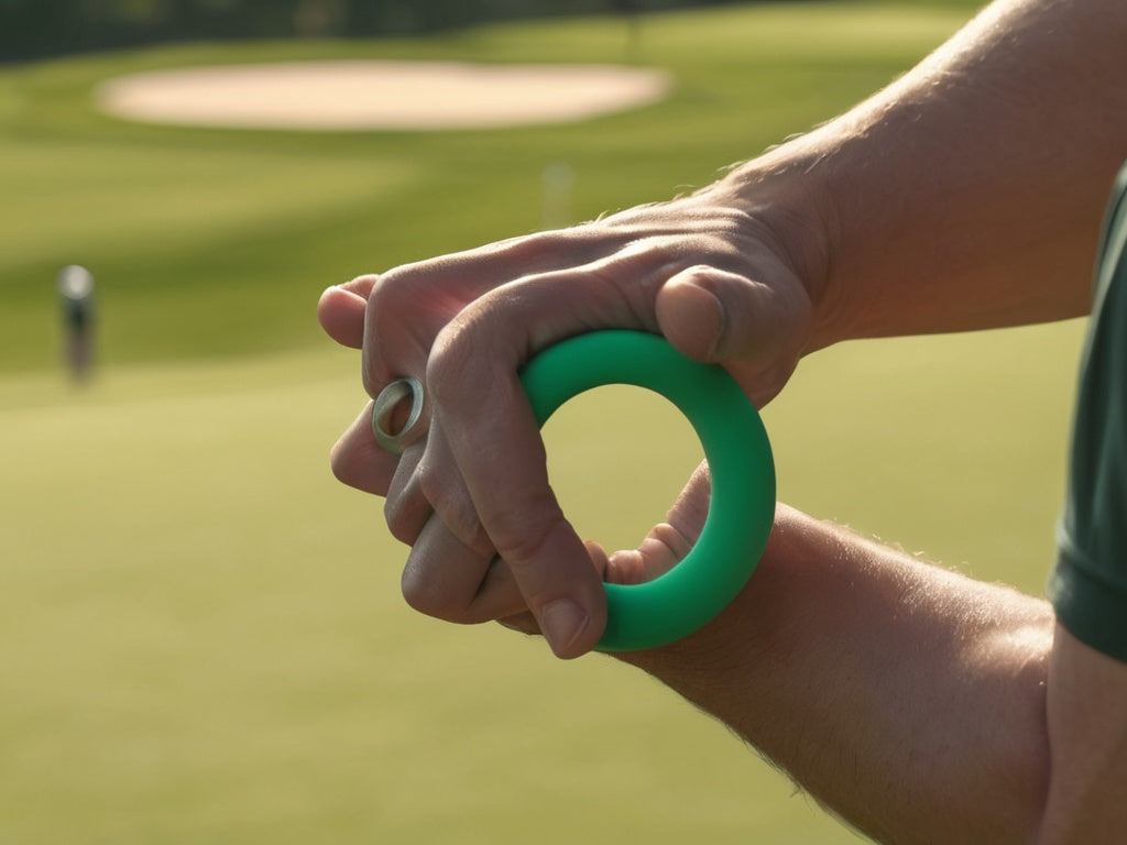 Hand squeezing a grip-strengthener ring on a golf course