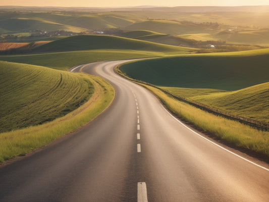 An open rural road curving toward distant hills at golden hour with no people, text, or logos visible