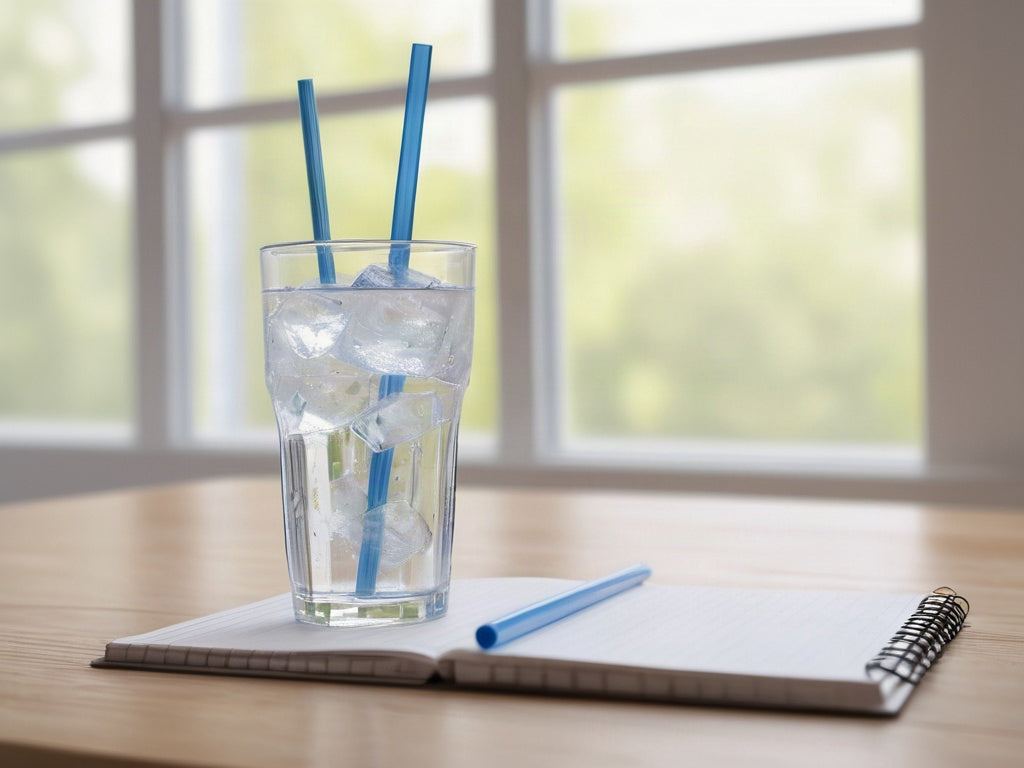 A tall glass of ice water with straws beside an open spiral notebook by a bright window in daylight
