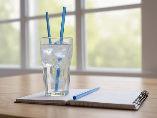 A tall glass of ice water with straws beside an open spiral notebook by a bright window in daylight