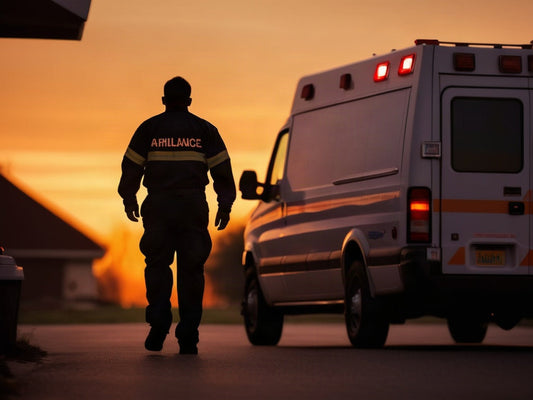 Silhouette of an EMS worker walking toward an ambulance at dusk