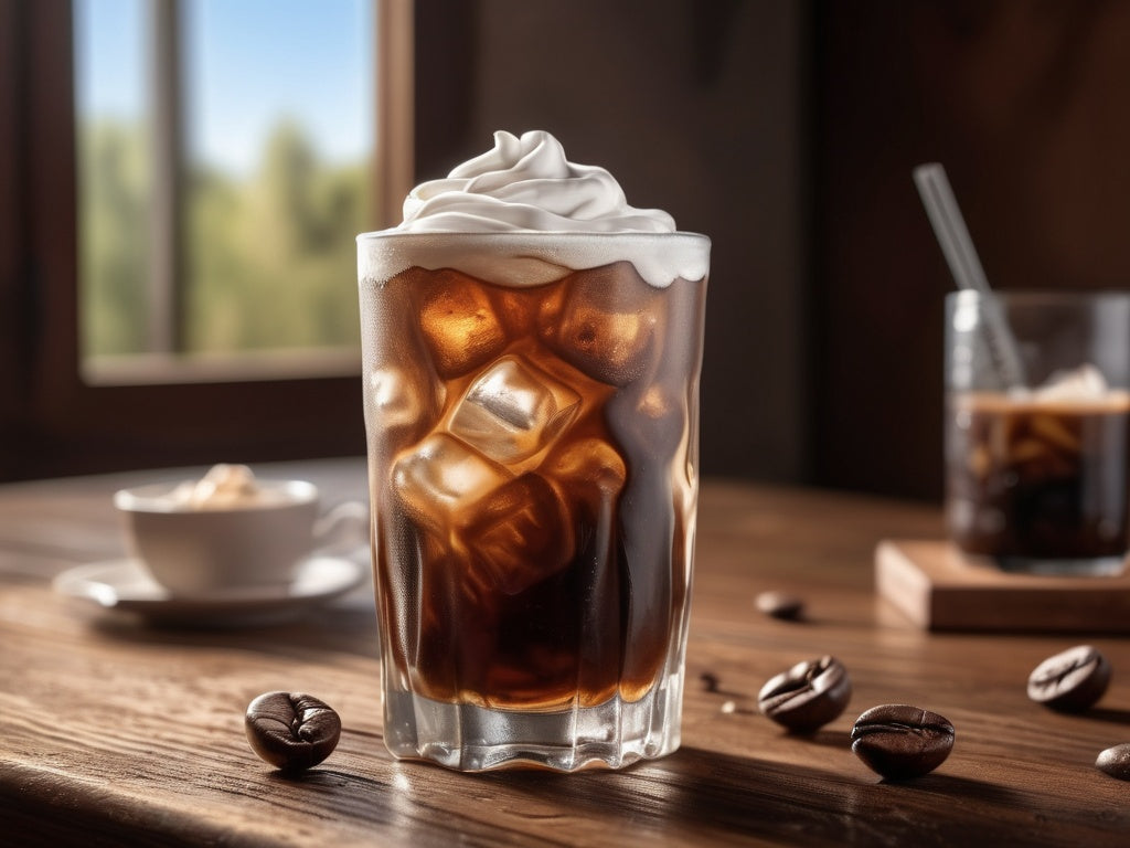 Tall glass of iced cold brew coffee with cream and ice cubes