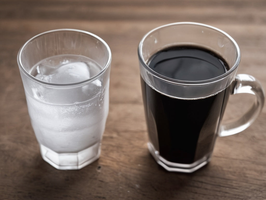 Glass of ice water beside a mug of black coffee on a wooden table